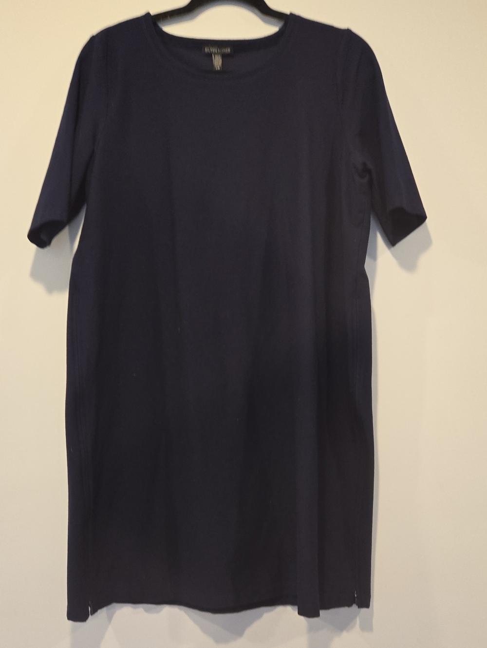 Eileen Fisher Stretch Crepe Midi T-Shirt Dress Side Zip Navy Blue Size L